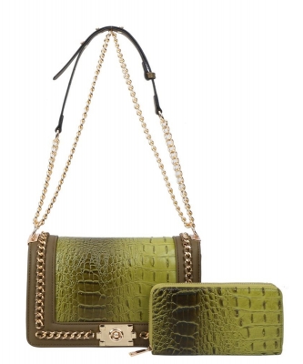 2 In 1 Croc Shoulder -Cross-Body Bag with Wallet CY-8708W OLIVE